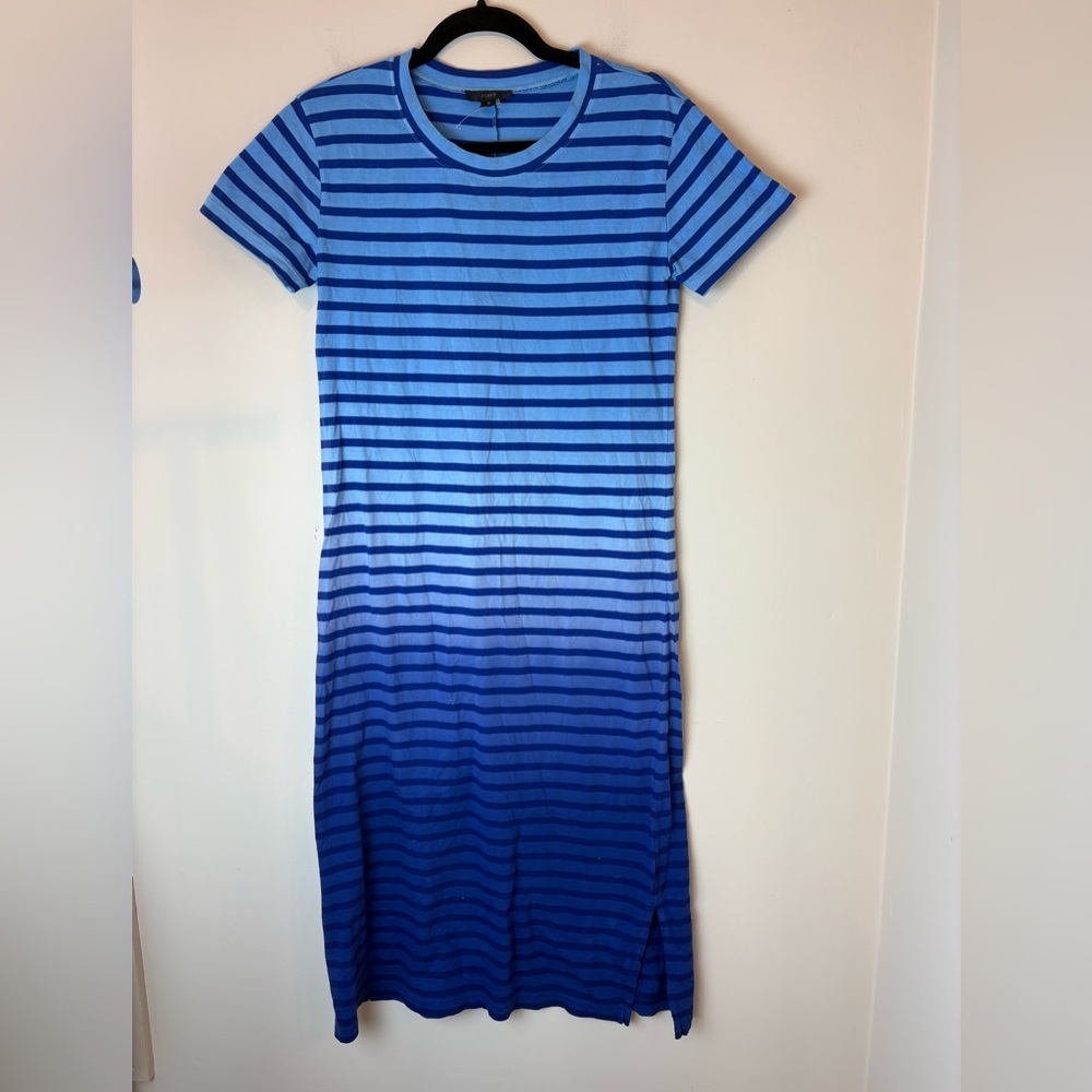 J Crew Ombre Dip Dye Blue Striped 100% Cotton Midi T-shirt Dress Side Slits S
